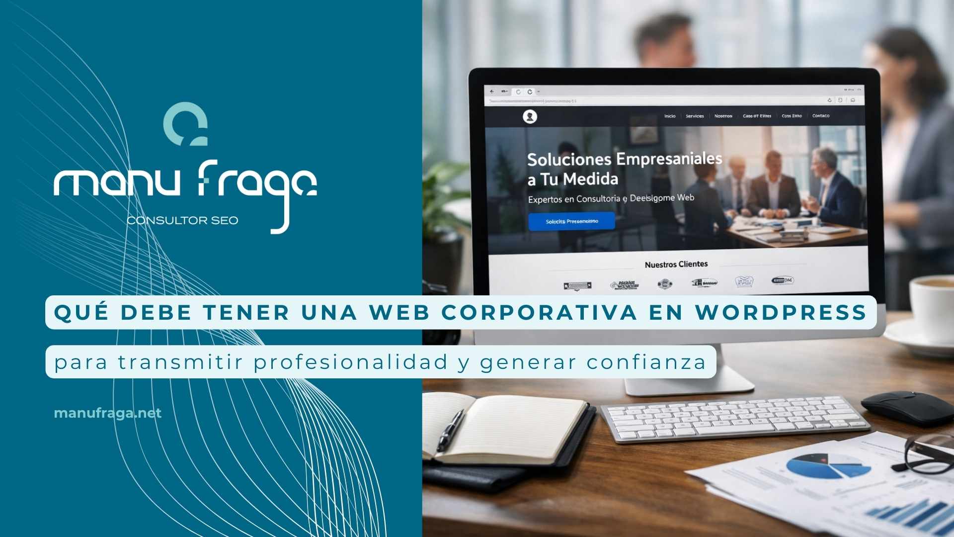 Web corporativa en WordPress mostrada en un ordenador en una oficina profesional con diseño claro y enfoque empresarial