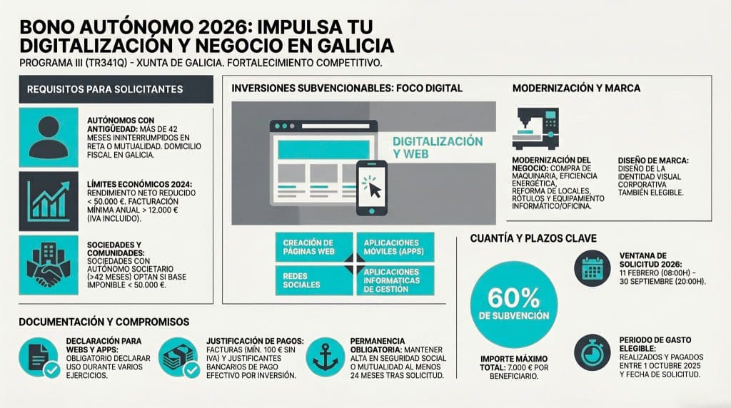 Infografía de los requisitos para solicitar el bono autónomo en Galicia