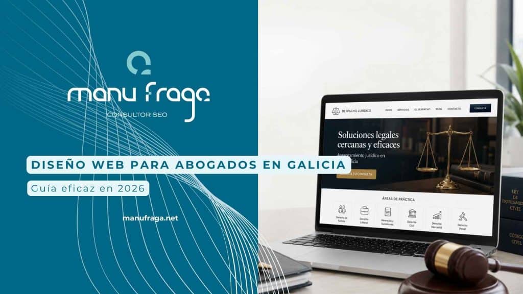 Diseño web para abogados en Galicia mostrado en un portátil con elementos jurídicos sobre una mesa profesional.