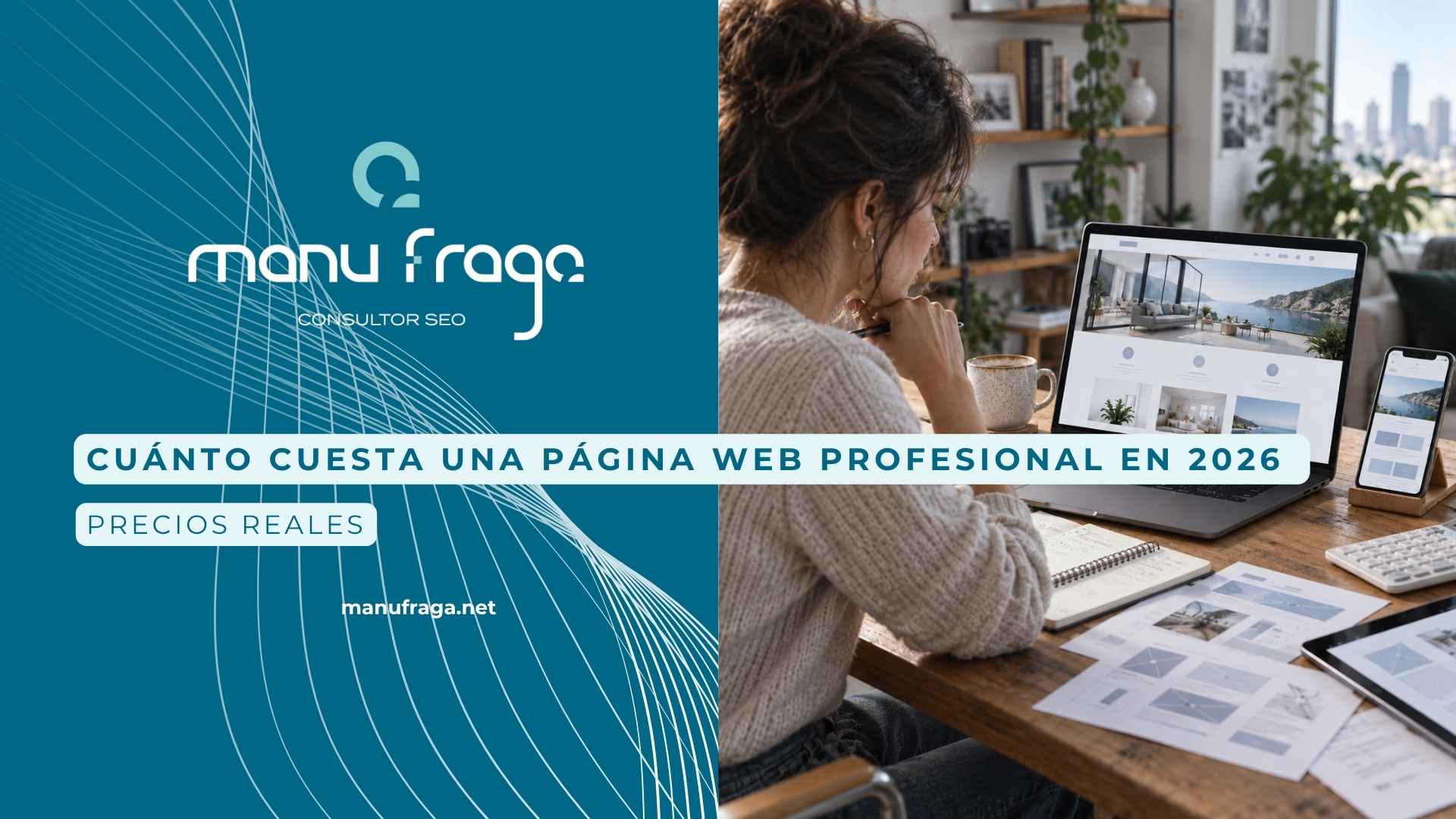 Profesional revisando el diseño y presupuesto de una página web profesional en un espacio de trabajo