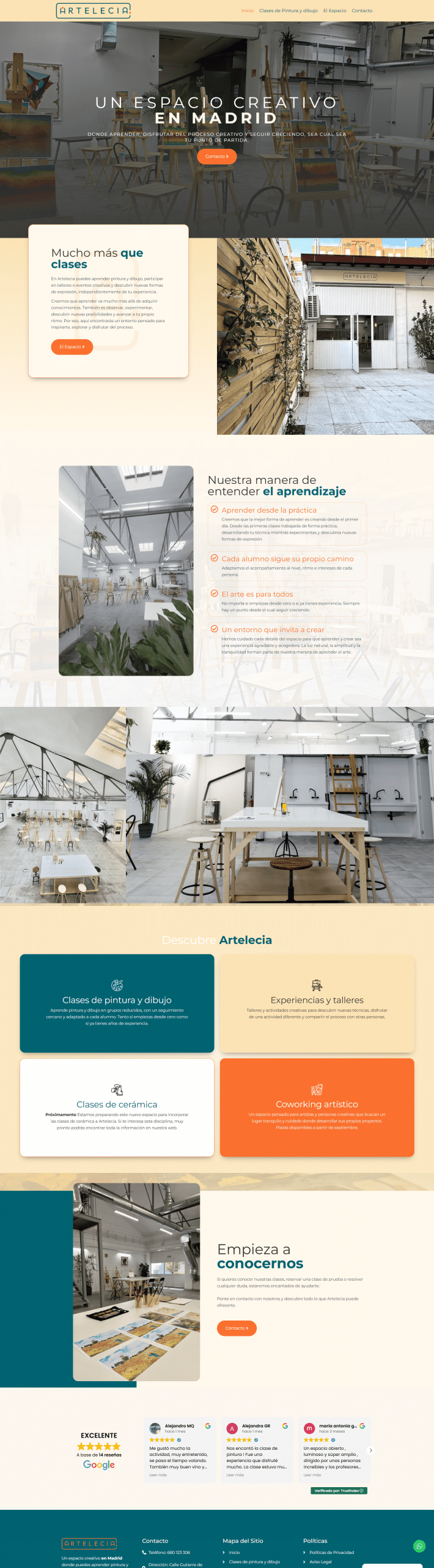 Página de inicio de la web de Artelecia, espacio creativo de talleres