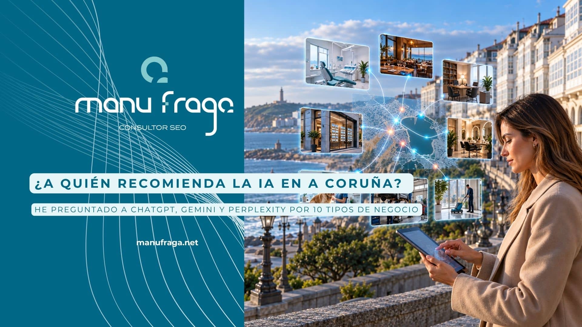 ¿A quién recomienda la IA en A Coruña? Mujer con tablet y mapa de negocios locales, con la Torre de Hércules al fondo