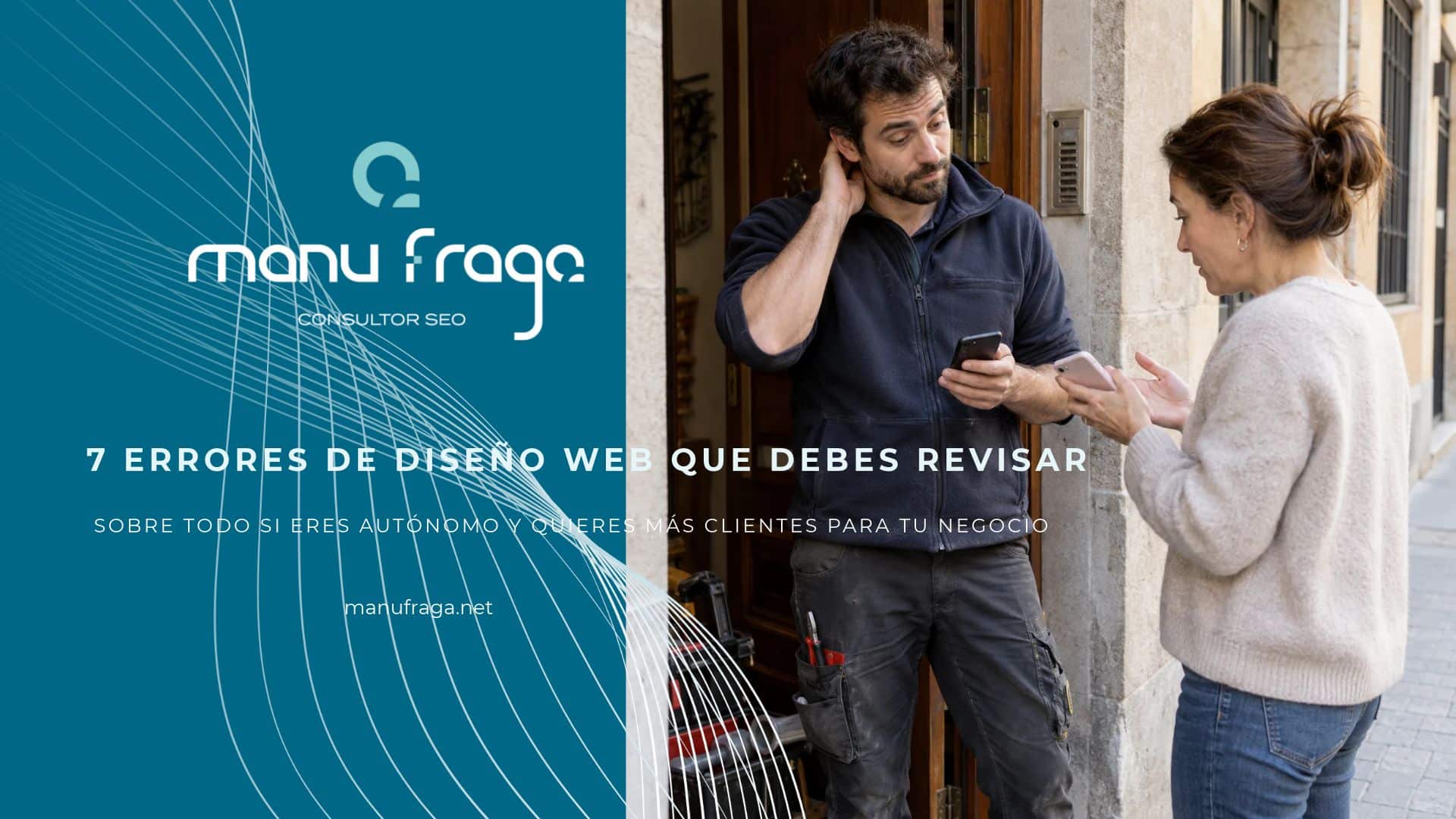 Fontanero autónomo conversa con una posible clienta que le pide su página web, una situación que refleja la importancia de evitar errores de diseño web.
