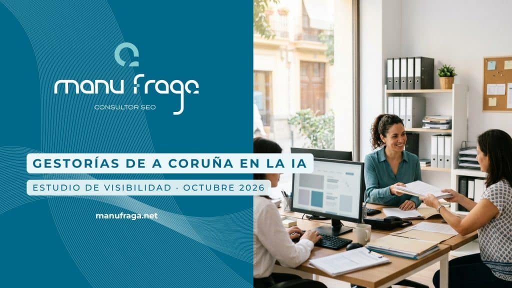 Gestorías de A Coruña en ChatGPT, Gemini, Perplexity y Google Maps: estudio de visibilidad (octubre 2026) 1 Oficina luminosa de una gestoría: dos empleadas en sus mesas con ordenador y una clienta entregando documentos, junto a estanterías con archivadores