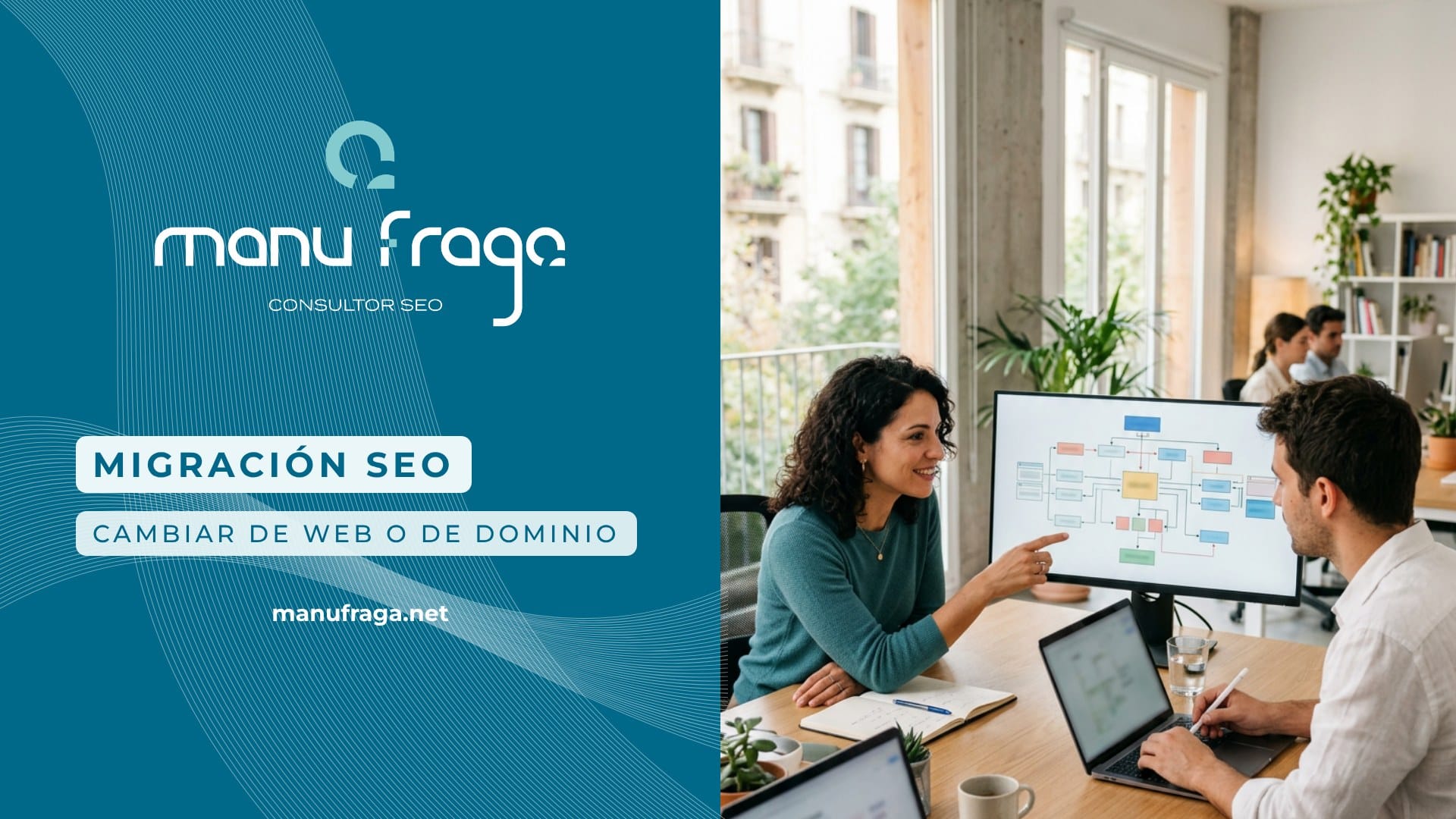 Una mujer señala en un monitor un esquema de cajas y flechas mientras un compañero trabaja en su portátil en una oficina luminosa; a la izquierda, el título «Migración SEO» sobre fondo azul.