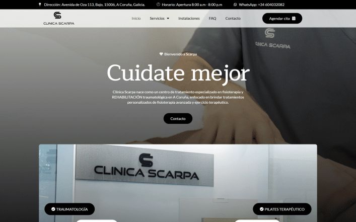Página de inicio de la web de Clínica Scarpa, fisioterapia en A Coruña